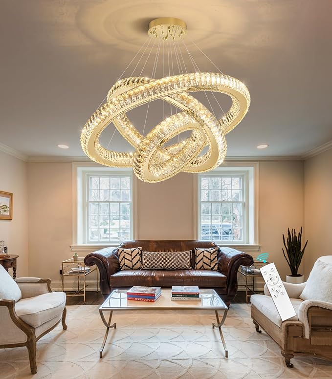 3 Rings Chandelier Modern Dimmable High Ceiling Large Ring Chanderliers Entryway Crystal Pendant Lights for Entryway Foyer Living Room Gold Light