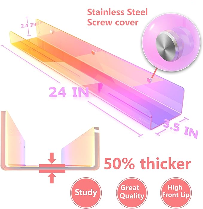 24 inches Iridescent Acrylic Bookshelf for Kids, Wall Mounted Kids Display Book Shelves for Room Nursery Toddler Classroom (2 Packs)