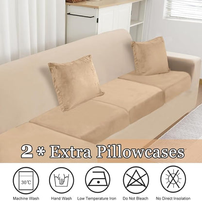 NAISI Sectional Couch Cover 4 Pieces Velvet Separate Couch Cushion Covers L Shape Soft Stretch Sofa Slipcovers with 2pcs Pillowcases for Left/Right Chaise Sectional Sofa(3 Seater+1 Chaise,Camel)