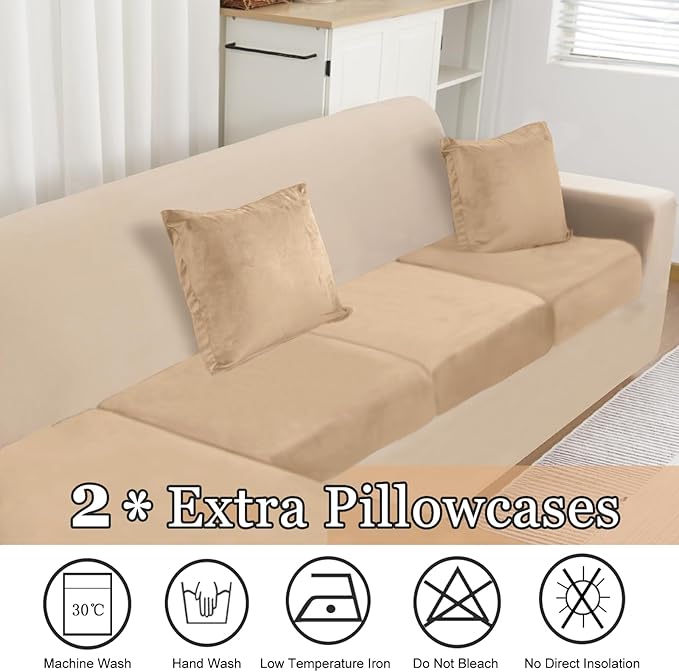 NAISI Sectional Couch Cover 3 Pieces Velvet Separate Couch Cushion Covers L Shape Soft Stretch Sofa Slipcovers with 2pcs Pillowcases for Left/Right Chaise Sectional Couch(2 Seater+1 Chaise,Camel)
