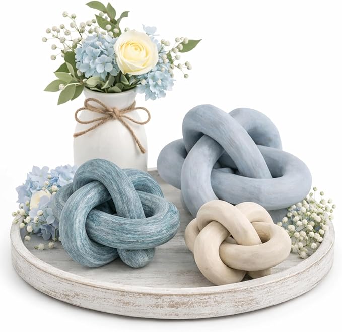 3 Pack Wooden Knot Decorations 3 Color Set Coordinated Boho Nautical Home Decor for Shelf, Wall, Tabletop, Sizes 3.94", 4.72", 5.91"(Gradient Blue)