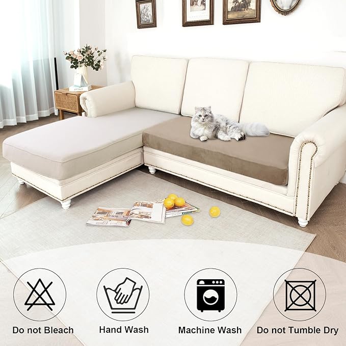 NAISI Waterproof Couch Cushion Covers Thick Velvet Fabric Washable Sofa Slipcovers 1 Piece Individual Sectional Couch Covers with Elastic Bottom(1 PC for 2-Seat Cushion or Loveseat,Sand)