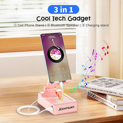 JTEMAN Gifts for Men Women,Cell Phone Stand with Bluetooth Speaker,Cool Tech Gadgets,Unique Birthday Gifts for Men Husband Mom Dad-Pink