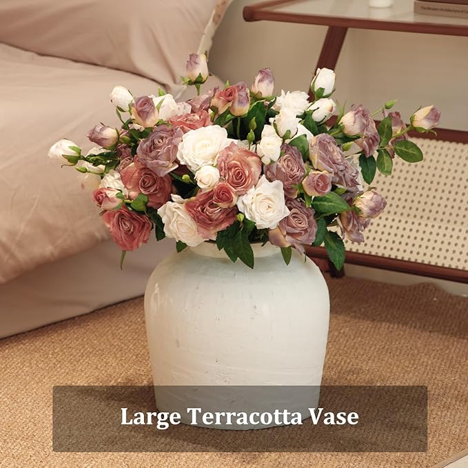 Large Ceramic Vase, 11" Rustic Farmhouse Terracotta Vase for Home Decor, Handicraft Decorative Flower Vase for Living Room, Table Centerpiece, Bedroom (Rustic White)