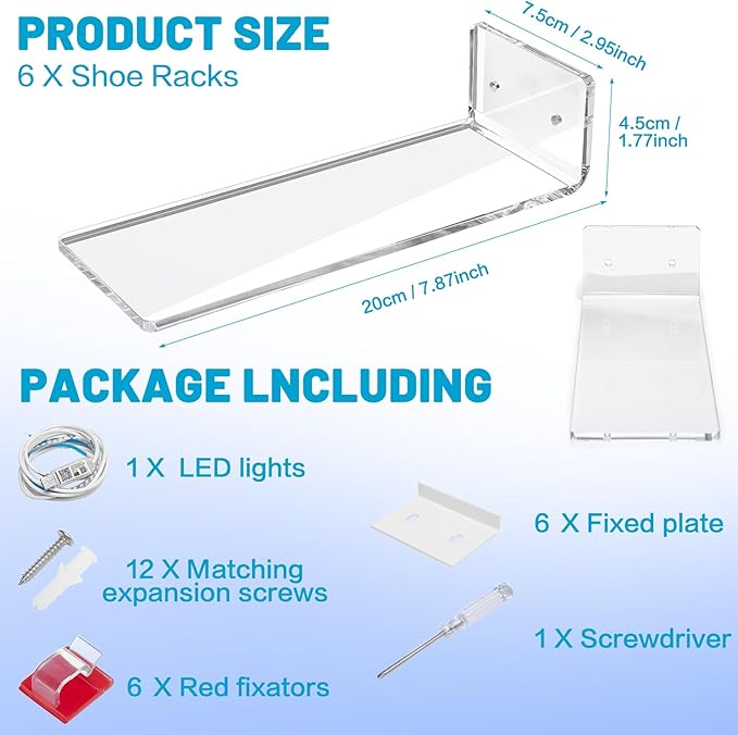 DILIBRA Set of 6 Floating Shoe Display Shelf with Lights, Glow Color Changing Clear Acrylic Shoe Shelf for Wall, Levitating Sneaker Shelves Wall Mount for Display Your Top Shoes Collection