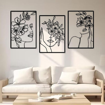 DETENE 3 Pieces Black Metal Wall Decor Minimalist Abstract Metal Wall Art Modern Woman Line Art Decor Single Line Art Décor for Living Room Bedroom Bathroom Kitchen Office(L Size 17 x 11.8'')