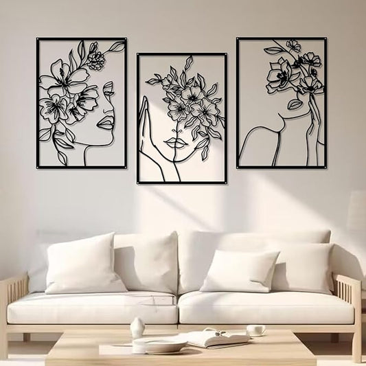 DETENE 3 Pieces Black Metal Wall Decor Minimalist Abstract Metal Wall Art Modern Woman Line Art Decor Single Line Art Décor for Living Room Bedroom Bathroom Kitchen Office(L Size 17 x 11.8'')