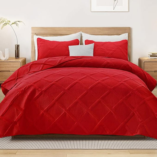 Exclusivo Mezcla King Quilt Set- Red Quilts Bedding Set with 2 Pillow Shams, Modern King Bedspread with Striped Pattern, Soft Lightweight Bedspreads Coverlets for All Seasons