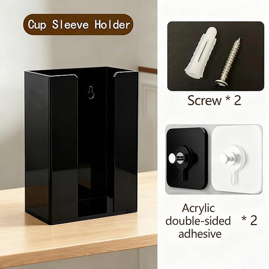 Coffee Cup Sleeve Organizer Rack-Acrylic Collar Holder Storage for Disposable Kraft Paper Cup Sleeves,Coffee Shop/Home/Kitchen Organization,Countertop or Wall Mount(Black)