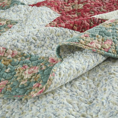 Cotton Bedspread Quilt Bedding Sets, 3 Pieces Reversible Coverlets Comforters Star with Red Floral Real Patchwork Bedspread, King Size