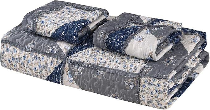 Patchwork Quilt Set King Size Quilted Bedspread Coverlet Set 3-Piece Grey Lightweight Comforter Floral Reversible Stitched Quilt Bedding Set Bed Cover Blanket with 2 Pillow Shams for All Season