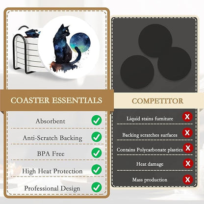 Drink Coasters with Holder,6 Pcs Black Cat Moon Coffee Cup Mat with Storage Holder, Durable Ceramic Coaster Set for Hot & Cold Beverages