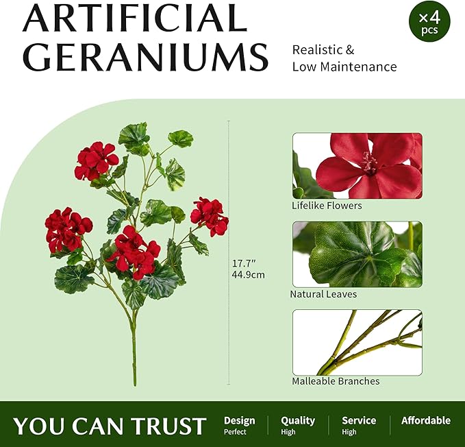 Artificial Flowers for Outdoors Artificial Geraniums for Indoor Fake Flowers 17.7In Uv Resistant Artificial Outdoor Flowers Suitable for Indoor Home Decoration Outdoor Garden Decor 4PCS,Red