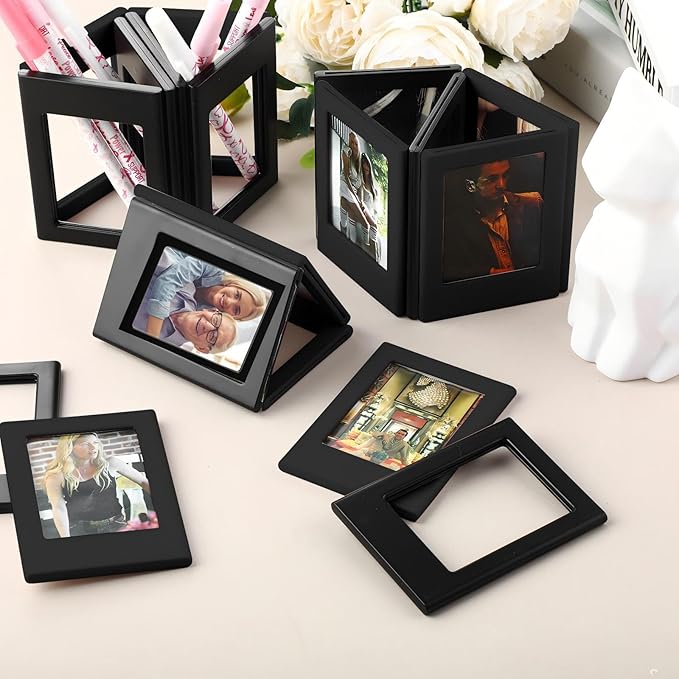 Epakh 20 Packs Magnetic Photo Picture Frame Cute Mini Table Photo Frame Holder 3 Inches Plastic Colorful Picture Display for Fridge Office (Black)