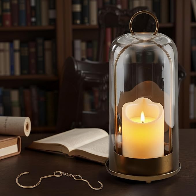 Hurricane Glass Candle Holder, Large Brass Lanterns Hurricane Candlestick Holder for Pillar Candles Vintage, Gold Metal Rustic Farmhouse Decor with Hook Chains