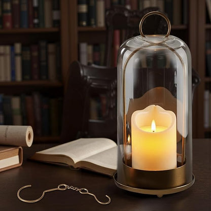 Hurricane Glass Candle Holder, Large Brass Lanterns Hurricane Candlestick Holder for Pillar Candles Vintage, Gold Metal Rustic Farmhouse Decor with Hook Chains