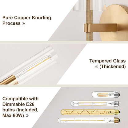 Brass Gold 2-Light Knurled Wall Sconce, Dual-Head Vanity Lamp Set of Two with Clear Glass Tube, Bathroom Wall Sconces, Wall Lights for Living Room Bedroom Hallway Kitchen Bathroom Mirror