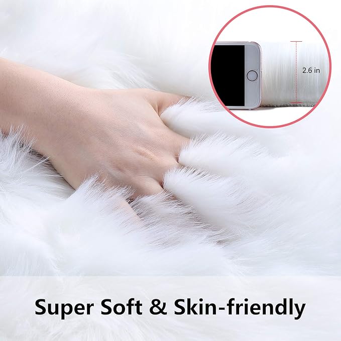 Softlife White Small Faux Fur Sheepskin Throw Rug Fluffy Shag Fur Chair Cover Pad Washable Square Area Rugs for Living Room Bedroom Dorm 20" x 20"