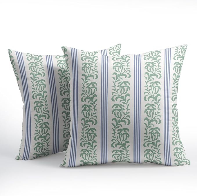 Blue Green Floral Pillow Covers 22x22 Set of 2 Spring Vitage Flower Striped Pattern Rustic Decorative Outdoor Farmhouse Zipper Boho Pillowcases Decorations Throw Cushion Cover Decor for Couch Sofa Bed