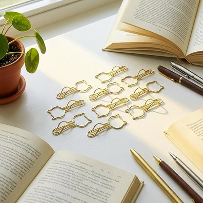 10-Pack Metal Pen Clips - Cute Cat Shaped Gold Paperclip Pen Holder for Notebooks and Papers - Metal Pen Clip Holder and Pen Holder Clip - School Office Supplies