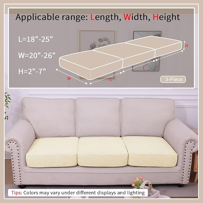 hyha Waterproof Couch Cushion Covers, Waterproof Sectional Couch Covers for 3 Cushion Sofa for Pets, Stretch Sofa Slipcover Washable with Elastic Bottom(3 Packs, Beige)