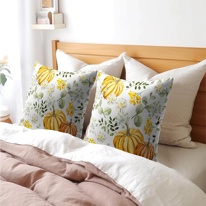 Pumpkin Fall Pillow Covers 16x16 Set of 2 Yellow Saga Green Leaf Autumn Floral Thanksgiving Pillow Cases Outdoor Decorative Holiday Cushion Cover Rustic Decoration Farmhouse Home Sofa Couch Bed Decor
