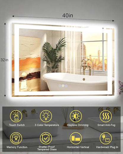 32"x 40" LED Bathroom Mirror, 3 Colors Vanity Mirror with Lights, Front and Backlit Bathroom Mirror with Lights, LED Smart Mirror for Wall, Tempered Glass, Anti-Fog, Stepless Dimmable, Memory(ETL)