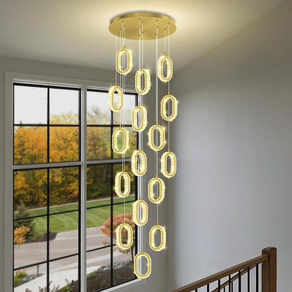 Modern Gold Ring Chandelier for High Ceiling Long Stair Chandeliers for Foyer LED Crystal Ring Drop Chandelier Dimmable 2700K-6000K 16-Light