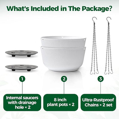 T4U Hanging Planter Self Watering 8 Inch, 2 Pack White Indoor Hanging Plant pots, Hanging Flower Pot with Drainage Hole & Plug & Chain with 3 Hooks for Garden Home Decor