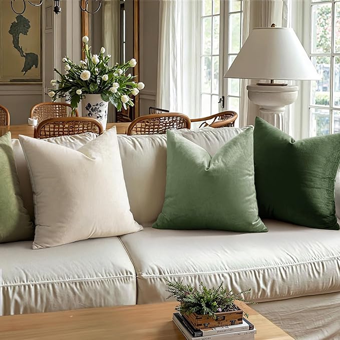 MIULEE 24x24 Inch Euro Sham Velvet Pillow Covers, Set of 2 Large Square Spring Decorative Pillows -Moss Green Super Soft for King Bed, Sofa, Couch, Accent Chairs with Hidden Zipper