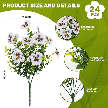 Artificial Flowers, 24 Bundles, Decorative Bouquets for Home, Wedding, Garden, Office Decor (White)