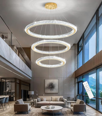 3 Rings Modern LED Chandelier Crystal Dimmable Large Foyer Chanderliers Entryway High Ceiling for Staircase Pendant Lights for Living Room Gold Light