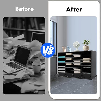 Literature Organizer with 32 Compartments | Adjustable Desktop File Sorter Mail Center for Home, Office & Classroom | PVC Paper Storage Cabinet with 2 Drawers and Shelves, Black