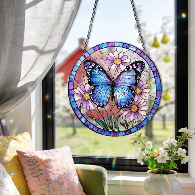 8 Inchacrylic Window Hanging, Forget Me Not Flower Stained Glass Suncatcher, Window Decor, Plant Lover Gift for Women, Best Friend, Family, Colleague, Classmate (232)