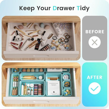 A-LuGei 【𝟮𝟴𝗣𝗖𝗦】 【𝟱𝗦𝗶𝘇𝗲】 BlueGreen Drawer Organizer, Makeup organizer, 【Holds 177 Items】 Bathroom Organizers and Storage, Plastic Desk Organizer Divider, Organizer Bins for Office Vanity