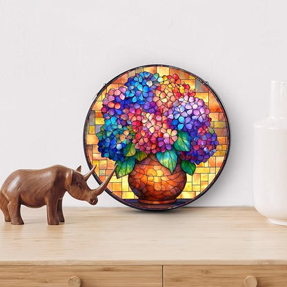 Hydrangea Stained Glass Window Hanging, 7.8" Round Sun Catcher Hand Painted Wall Art Decor with Chain, Unique Housewarming Gifts for Couples, Home