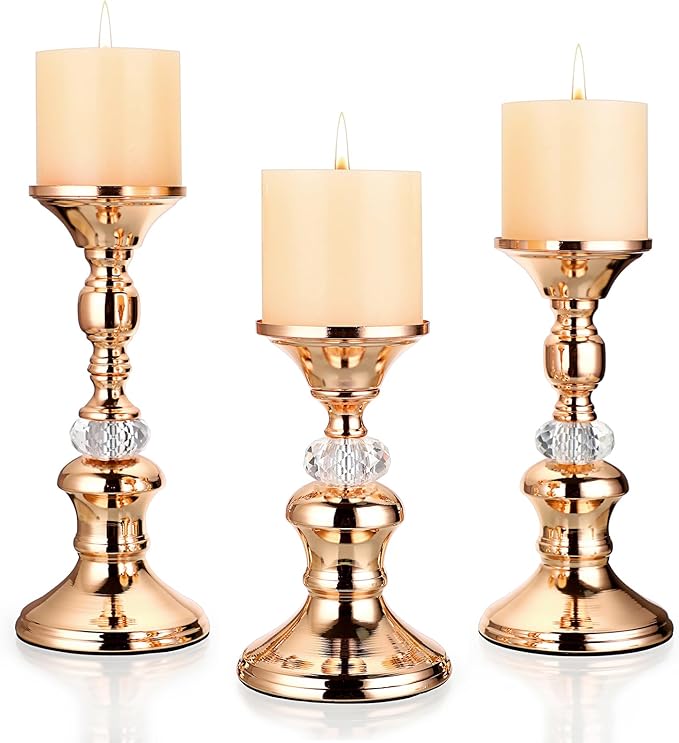 OwnMy Set of 3 Rose Gold Metal Pillar Candlestick Holders Brass Pillar Candle Holders for 3 Inch Candles, Elegant Metal Crystal Candle Stands for Dining Table, 6.7"+8.3"+9.3" Height Set