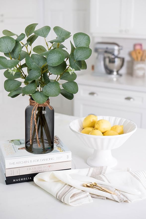 Briful Artificial Eucalyptus Stems in Black Glass Vase with Faux Water, 14" Fake Plant Eucalyptus Leaves for Home Office Farmhouse Wedding Centerpiece Décor, 2 Packs