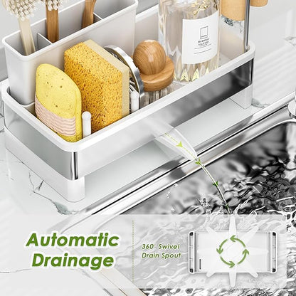 Stainless Steel Sink Caddy, Sponge Holder for Kitchen Sink with Brush Holder & Dishcloth Rack, Rustproof Organizer Countertop, Soap Dispenser Kitchen Organizers Storage Essentials, White