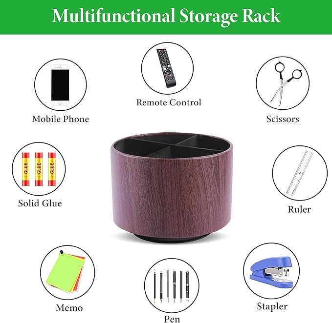 Round Leather Art Supply Organizer,Remote Control Holder,360 Degree Spinning,Multi-Functional Pencil Holder,4 Compartments Desktop Stationary Organizer(1-Thin Wood Dark Brown)