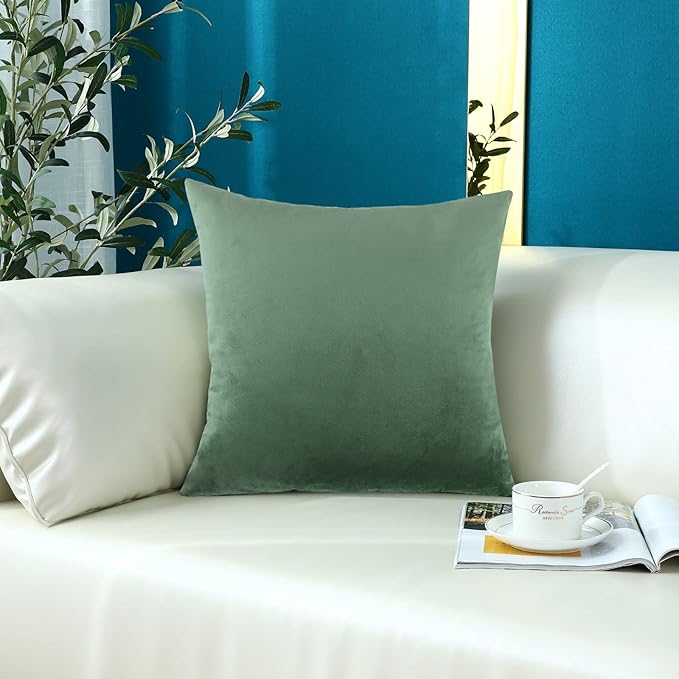 mixeoo Sage Green Velvet Throw Pillow Covers 24x24 Inch Set of 1, Super Soft Thick Decorative Square Cushion Cases for Living Room Sofa Couch Decor