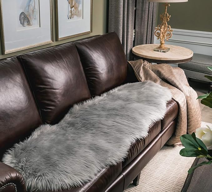 SERISSA Ultra Soft Fluffy Rug Grey Faux Sheepskin Fur Area Rug Shaggy Couch Cover Seat Cushion Gray Furry Carpet Beside Rugs for Bedroom Floor Sofa Living Room Runner 2x6 Feet Grey