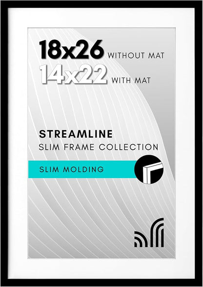 Americanflat 18x26 Poster Frame with Polished Plexiglass - Use as 14x22 Frame with Mat or Display 18x26 Photo Without Mat - Streamline Collection - Thin Border Picture Frames for Wall - Black