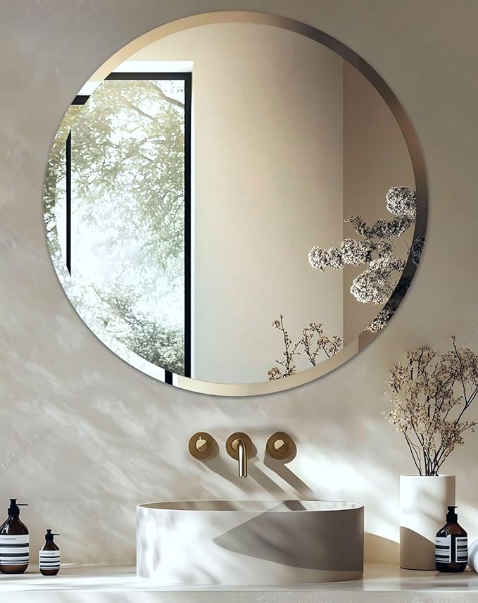 Frameless Round Wall Mirror: Decorative Mirrored Glass Vanity with Beveled Silver Edge for Bathroom Bedroom Livingroom Dining Room Entryway Hallway, 32 x 32 inch