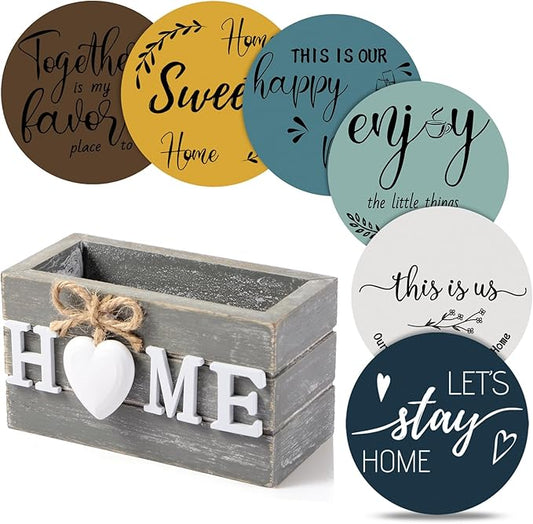 Queekay Coasters Set of 6 House Warming Gifts New Home Wooden Farmhouse Drink Coasters with Holder 4'' Funny Decoration for Kitchen Family Coffee Bar Tabletop Protection(Blue)