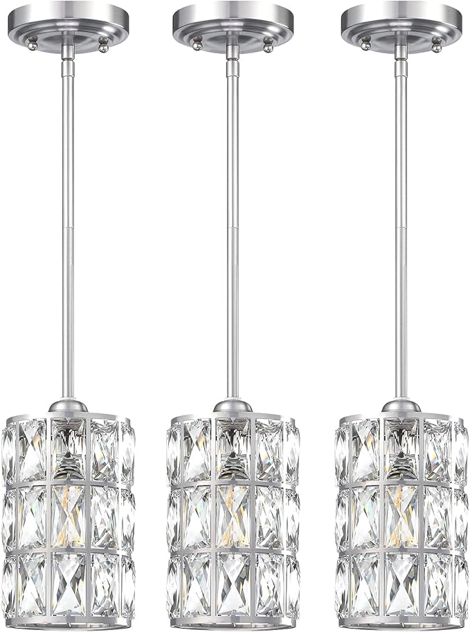 3 Pack 1 Light Hanging Kitchen Island 5" Crystal Pendant Light Modern Pendant Light Fixture Brushed Nickel Finish with Crystal Shade for Bar,Dining Room,Corridor,Living Room Over Sink