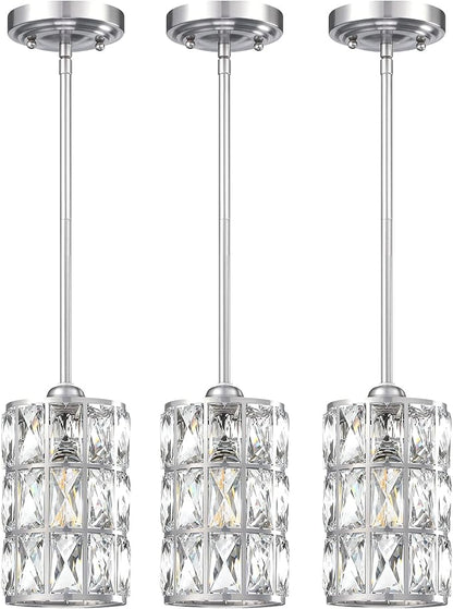 3 Pack 1 Light Hanging Kitchen Island 5" Crystal Pendant Light Modern Pendant Light Fixture Brushed Nickel Finish with Crystal Shade for Bar,Dining Room,Corridor,Living Room Over Sink