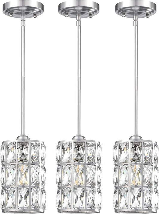 3 Pack 1 Light Hanging Kitchen Island 5" Crystal Pendant Light Modern Pendant Light Fixture Brushed Nickel Finish with Crystal Shade for Bar,Dining Room,Corridor,Living Room Over Sink