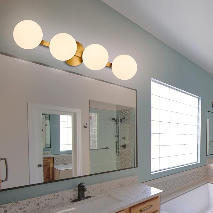 Gold Bathroom Vanity Light Fixtures, Modern 4 Lights Aged Brass Globe Wall Sconce Lighting, Porch Wall Mount Light Fixture for Bathroom, Mirror Cabinets Hallway Stairs (Aged Brass, 4-Light)