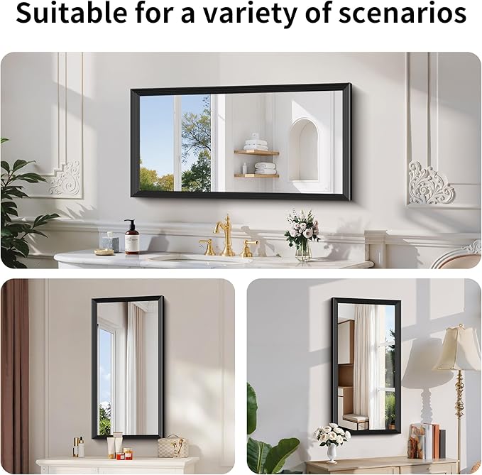 Black Bathroom Mirror 20 x 40 Inch Rectangle Wave Beveled Frame for Wall Bathroom Vanity Mirror for Over Sink, Tempered Glass,for Entryway Hangs, Bathroom Living Room Horizontal or Vertical